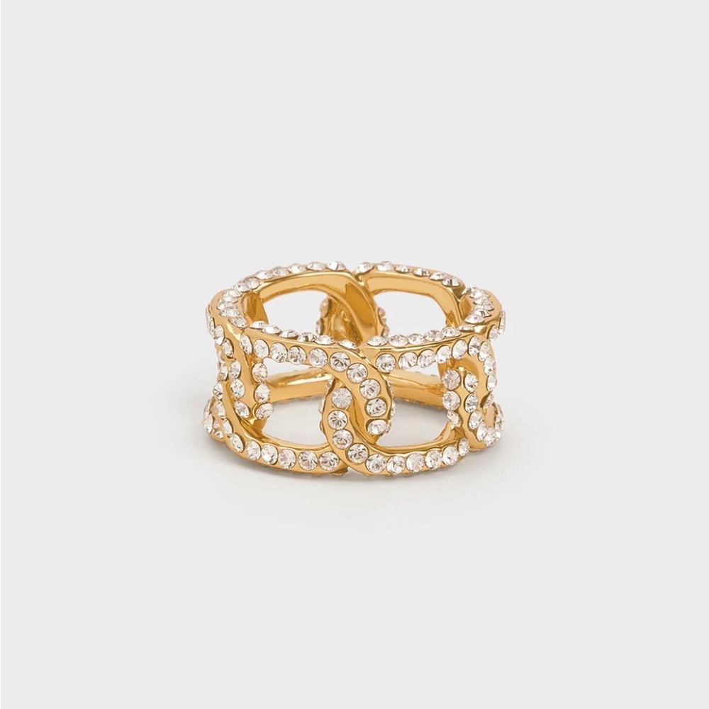 Charles & Keith Gabine Swarovski Crystal Chain link ring - Gold in size small